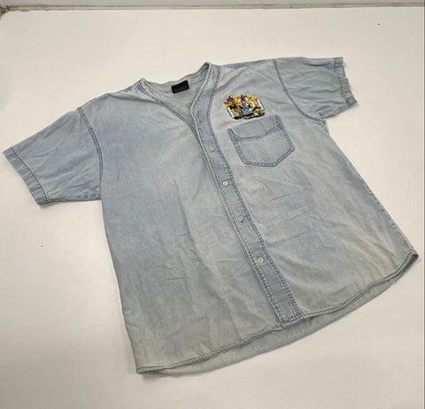 Vintage 90s Looney Tunes Embroidered Denim Shirt XL Daffy Sylvester Tweety