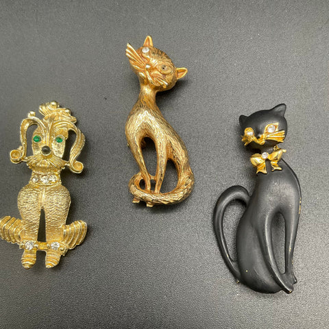 Vintage Napier Gold Tone Brooch Jewelry Lot of 7 Cat Poodle Shell Floral