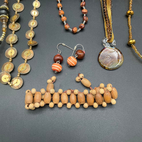 Boho Tropical Jewelry Lot 10pc Kukui Nut Shell Wood Glass Beaded Necklaces