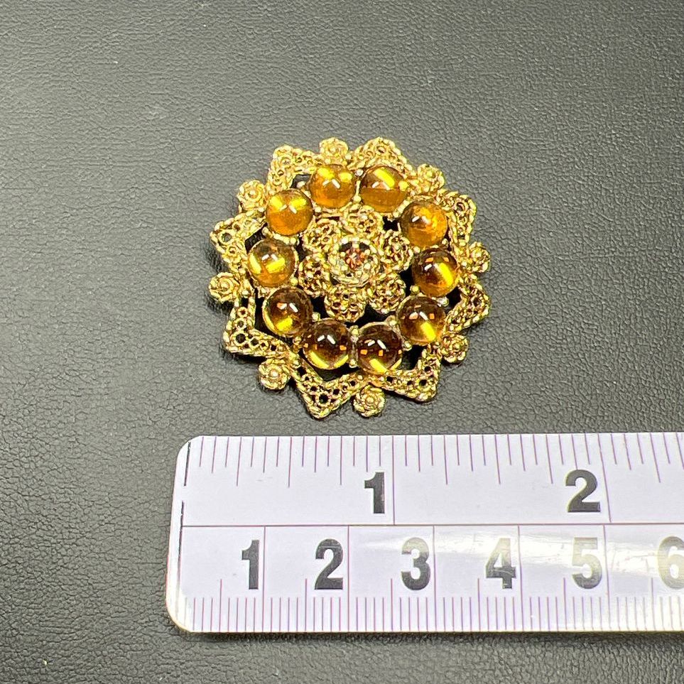 Vintage Style Brown Rhinestone Gold Tone Filigree Brooch