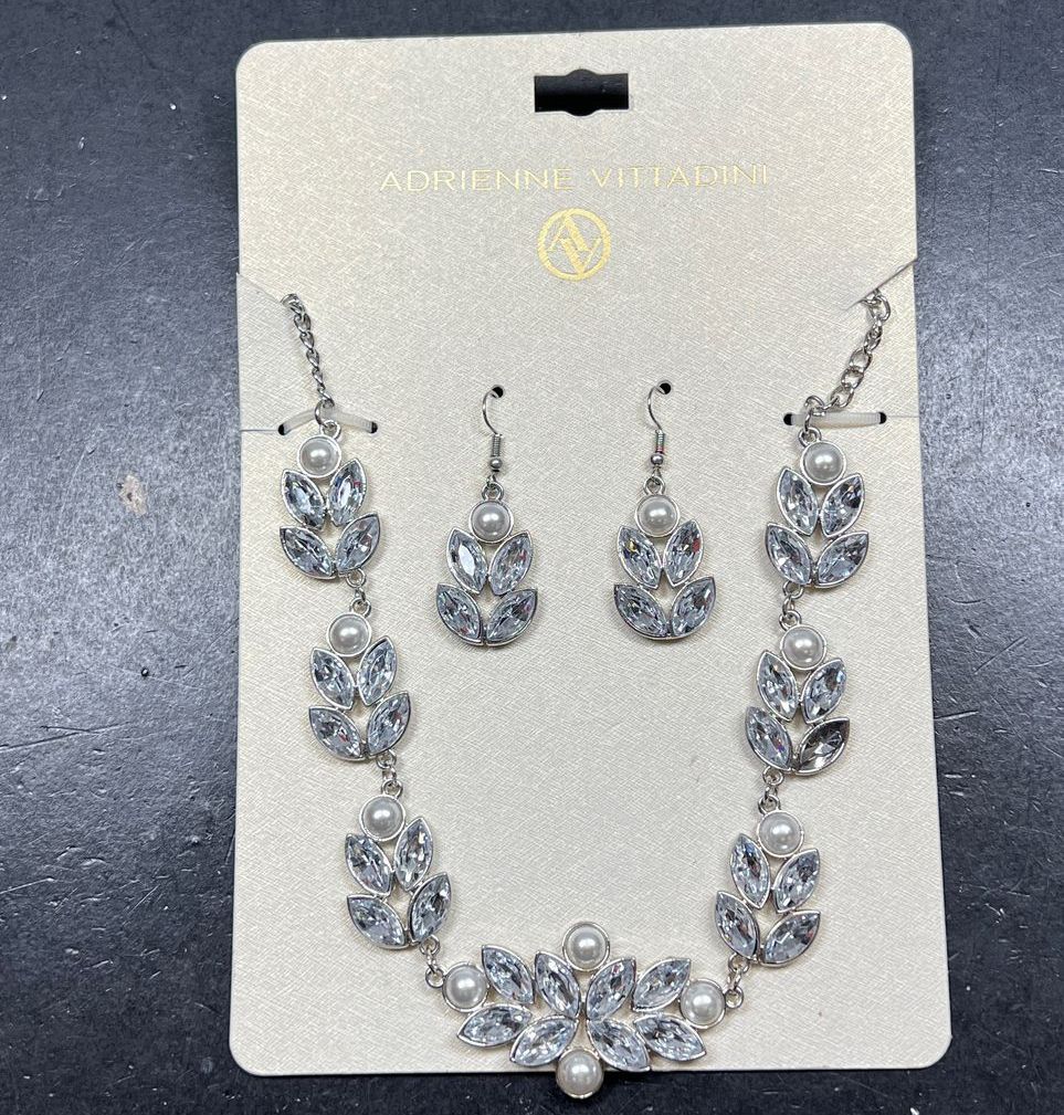 Adrienne Vittadini Silver Tone Rhinestone Necklace Earrings Set NWT