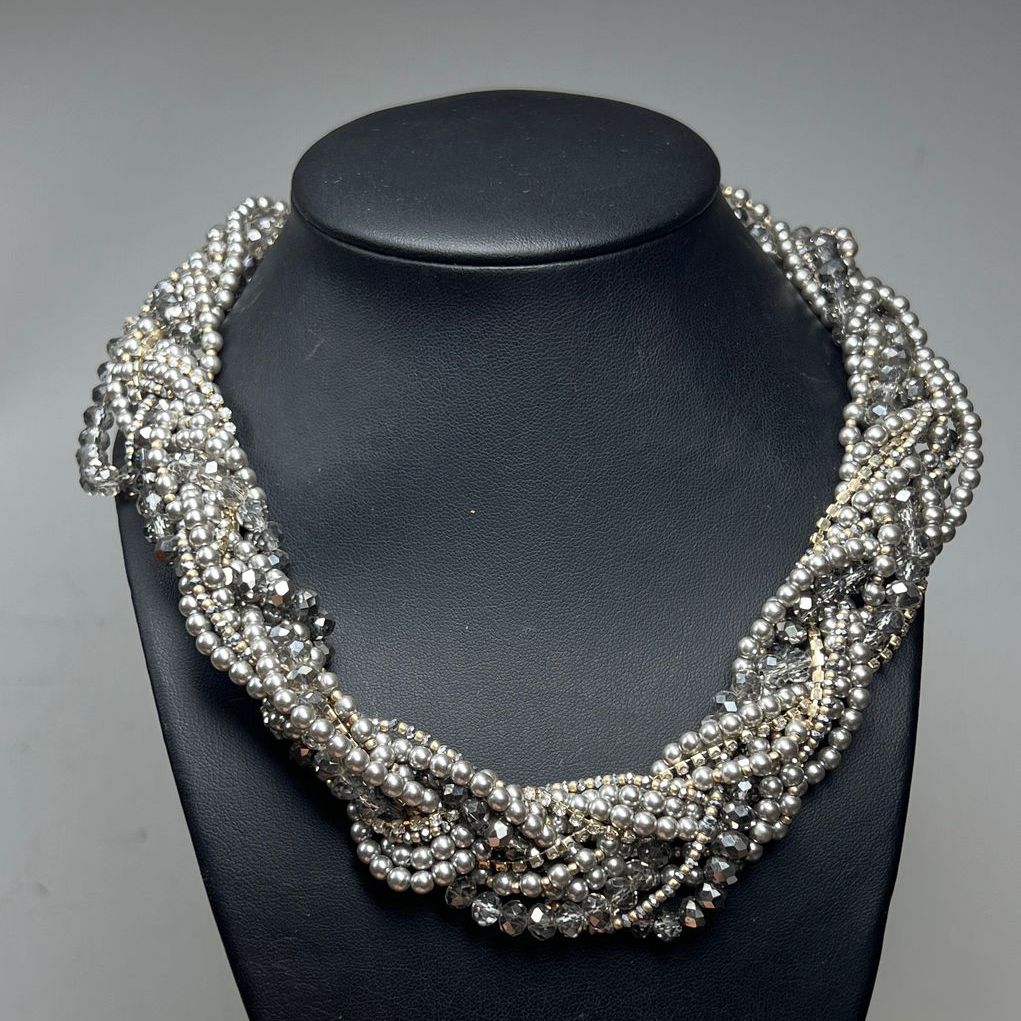 Loft Faux Grey Pearl Multifaceted Rhinestone Beaded Necklace