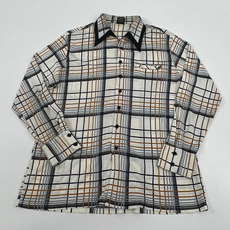 Vintage Men's Joel Blue Cream Plaid Long Sleeve Button Up Disco Shirt - Size XL