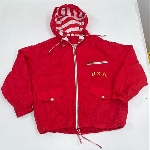 Vintage 90s East West Men's Red USA Patriotic Hooded Windbreaker Jacket M
