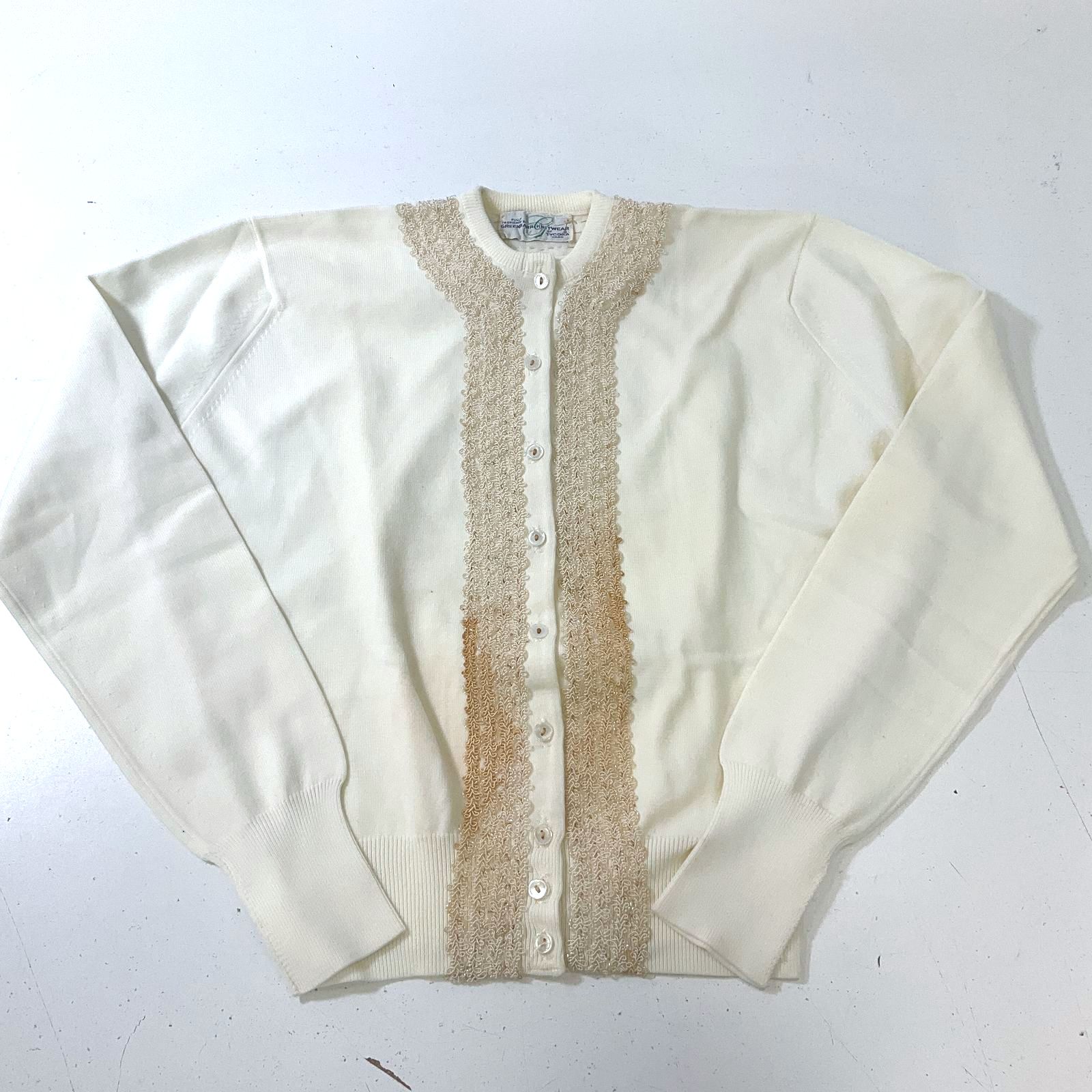 Greenbarr Knitwear Women's Tycora Ivory Cardigan w Ribbon Trim Size M Vintage