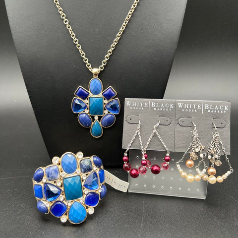 WHBM Jewelry Lot NWT Blue Statement Necklace & Bracelet + 2 Dangle Earrings Set