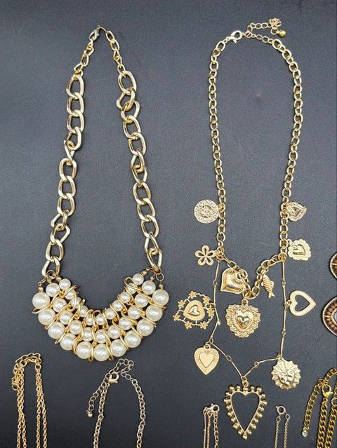 12pc Fashion Jewelry Necklace Lot Gold Tone Faux Pearl Rhinestone Costume 0.5lb