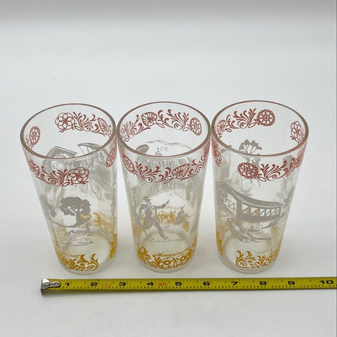 Hazel Atlas Americana Tumbler Set 3 Vintage Mixed Scene Drinking Glasses 5 In