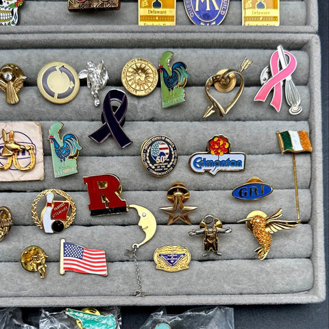 Vintage to Modern Mixed Costume Jewelry Lot 50+ Lapel Pins Brooches Enamel Flags