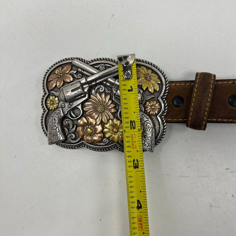 Nocona Brown Western Leather Crossed Guns Revolver Floral Buckle Belt Womens 26