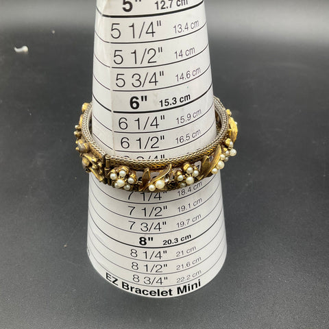 Vintage Florenza Gold Tone Faux Pearl Hinged Bangle Bracelet Floral 7"