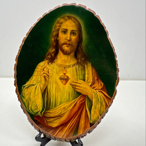 Vintage RLA Sacred Heart of Jesus Wood Slice Plaque Decoupage Religious Wall Art