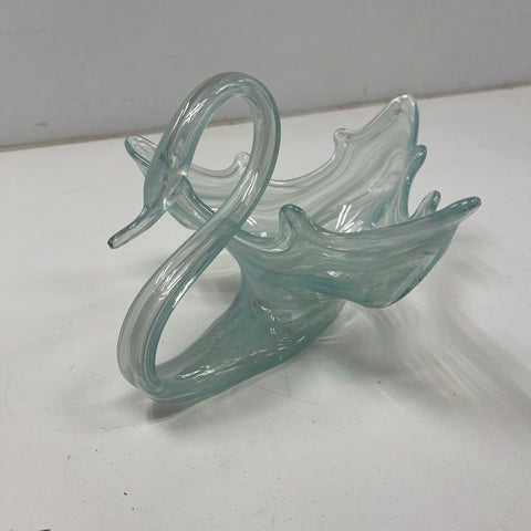 Vintage Hand Blown Art Glass Swan Bowl Dish Blue White Swirl Mid-Century Large