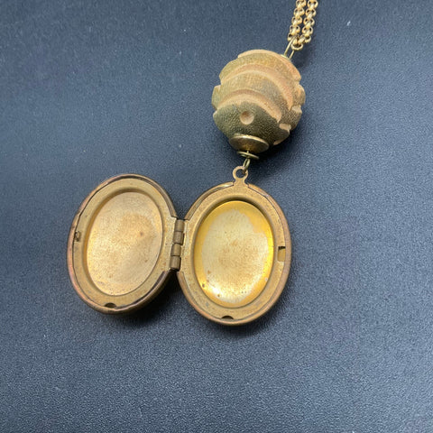 Lenora Dame Gold Tone Locket Necklace Clear Faceted Stone Carved Bead 30"