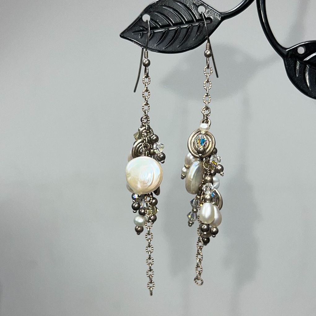 Sterling Silver Pearl Multifaceted Beaded Dangle Earrings