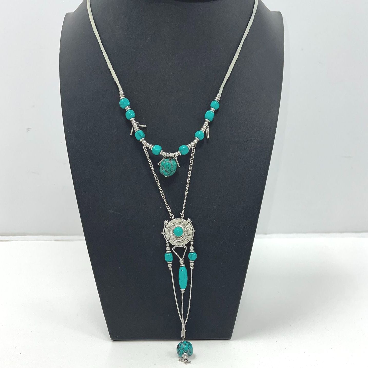 Costume Jewelry Necklace Faux Turquoise Silver Tone Layered