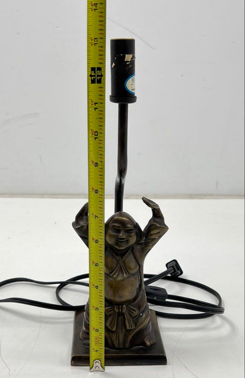 Vintage Laughing Buddha Table Lamp Bronze Tone Cast Metal Figural Hotei Asian