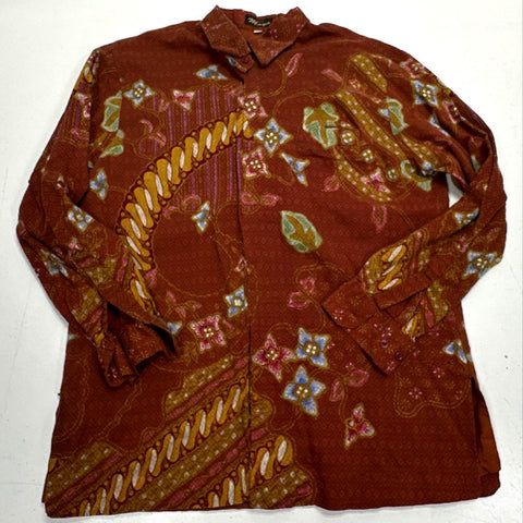 Vintage 70s Batik Maya Long Sleeve Button Down Shirt Floral Geometric Sz XL