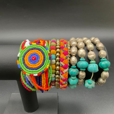 Boho Jewelry Lot 8pc Beaded Turquoise Style Maasai Textile Hammered Gold Cuff