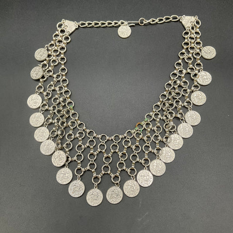 Vintage Egyptian Revival Silver Tone Multi Strand Coin Bib Necklace