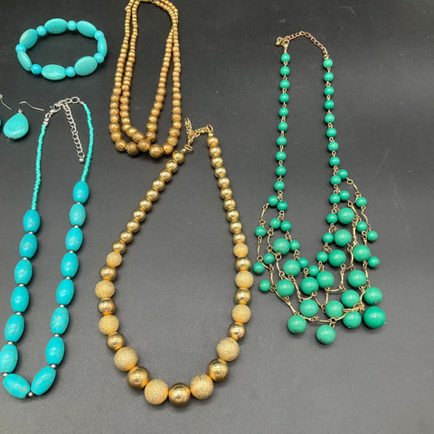 Statement Costume Jewelry Lot 8pc Beaded Gold Tone Turquoise Red Multi-Strand