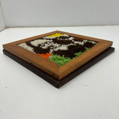 Vintage 70s Latch Hook Framed Wall Art Lot Raccoon & Panda Bear Folk Art