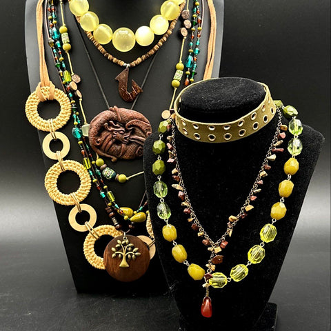 Boho Tribal Earthy Necklace Jewelry Lot of 9 Carved Dragon Tree of Life Beads