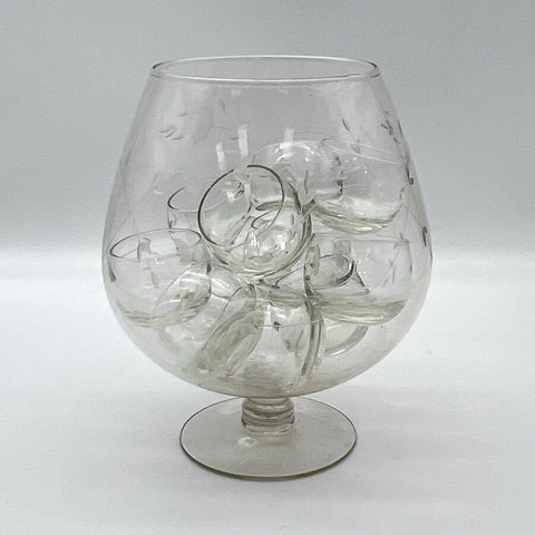 Etched Glass Punch Bowl Set 13 Piece Giant Snifter 12 Cups Floral Vine Vintage
