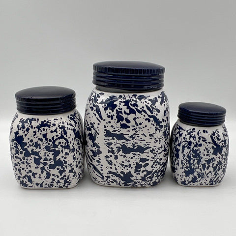 Country Living 3 Piece Canister Set Blue Splatter Stoneware Vintage Jars