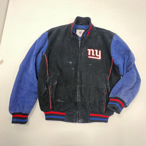Vintage 90s G-III NFL Men's NY Giants Leather Suede Bomber Jacket Black Blue M
