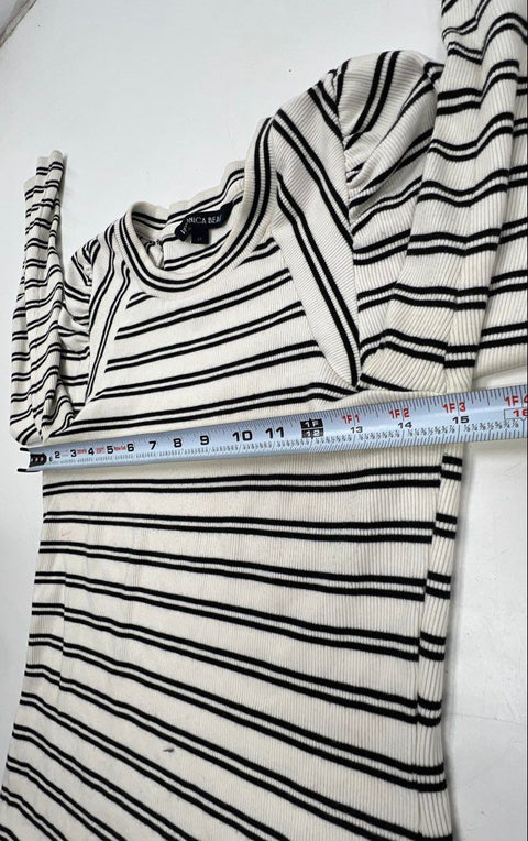 Veronica Beard Women's Black White Striped Puff Sleeve Ribbed Knit Top Sz XS