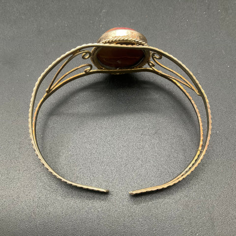 Vintage Gold Tone Red Jasper Stone Cabochon Cuff Bracelet Boho Artisan 7.5"