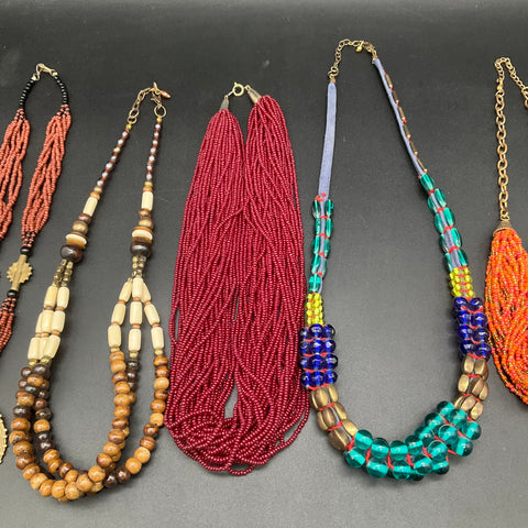 Bohemian Costume Jewelry Lot of 6 Necklaces Multi-Strand Seed Bead Glass Wood