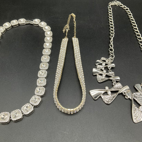 Vintage to Modern Costume Jewelry Lot 7 Silver Tone Rhinestone Necklaces