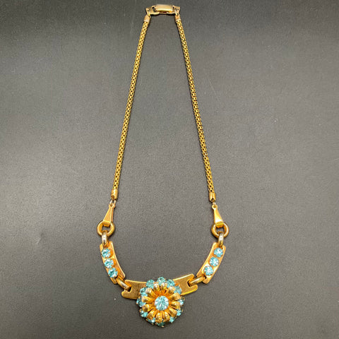Vintage 1950s Barclay Gold Tone Blue Rhinestone Floral Choker Necklace 15"
