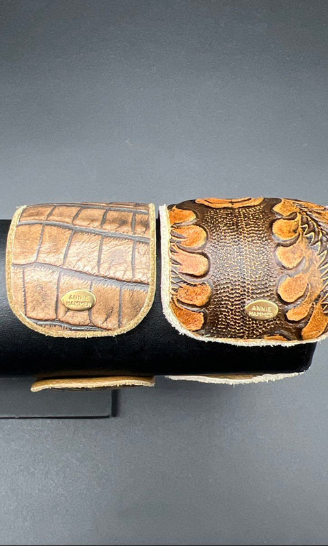 Annie Hammer Lot of 2 Tooled & Croc Embossed Leather Cuff Bracelets Signed