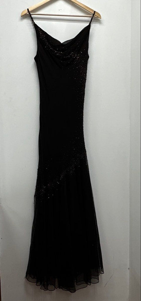 Xscape by Joanna Chen Women's Black Beaded Mesh Gown Dress Vintage Y2K Sz 10