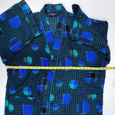 Vintage 90s Christian Dior Monsieur Men's Robe Blue Green Houndstooth Sz OS