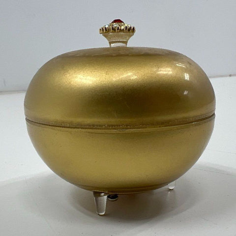 Vintage 70s Lady-Mate Gold Musical Powder Jar Trinket Box Sankyo Jeweled Lid