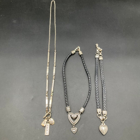 Brighton Vintage Heart Charm Necklace Jewelry Lot of 3 Silver Tone Leather
