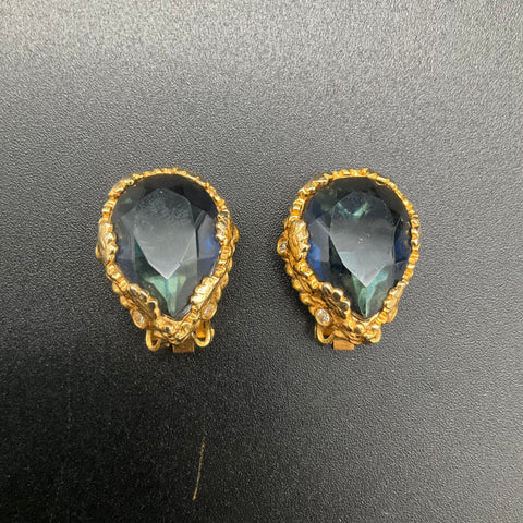 Vintage Alice Caviness Gold Tone Blue Glass Teardrop Clip Earrings Signed