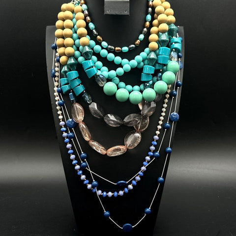 Boho Chunky Beaded Statement Jewelry Lot Multi-Strand Blue Teal Purple