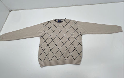 Vintage 90s Pendleton Men's Beige Cotton Diamond Grid Argyle Sweater Sz L