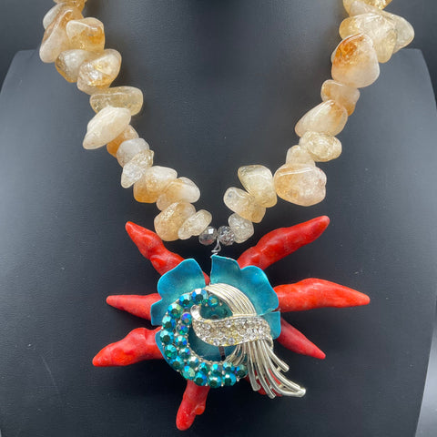 Artisan Statement Choker Necklace Citrine Red Coral Vintage Rhinestone Brooch