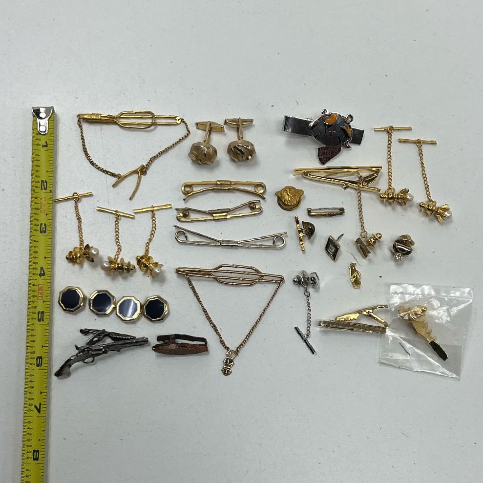 Vintage Lot Of Vintage Style Gold Tone Cufflinks, Brooches, Tie Pins, Clips