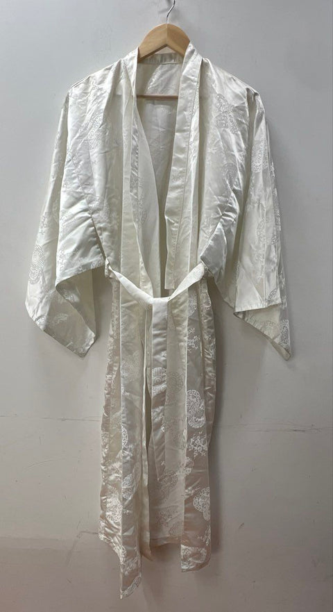 Vintage Women's White Satin Damask Dragon Kimono Robe Japanese Style Long