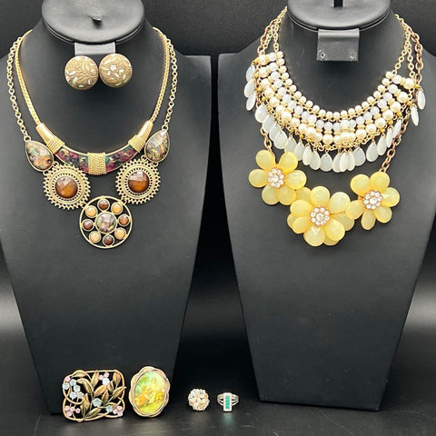 Vintage Costume Jewelry Lot of 10 Necklaces Brooches Rings Caroline Art Nouveau