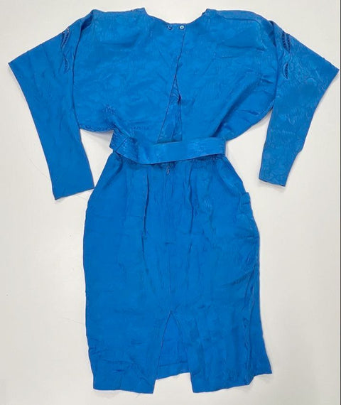 Vintage 90s Christopher Shannon Women's Blue Silk Floral Eyelet Belted Dress 10