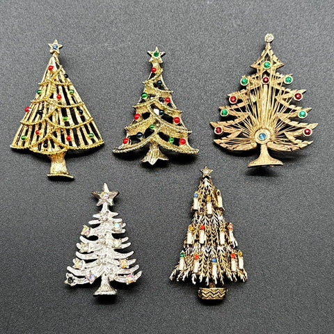 Vintage Christmas Tree Brooch Lot of 5 ART Gerry's WJC Rhinestone Enamel