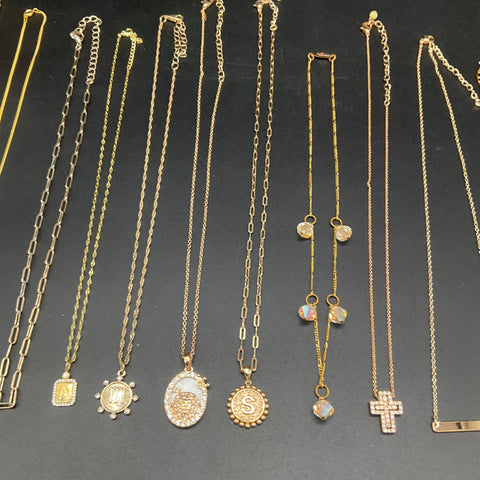 Gold Tone Fashion Necklace Lot 13pc Pendants Initial Heart Cross Bar Chains